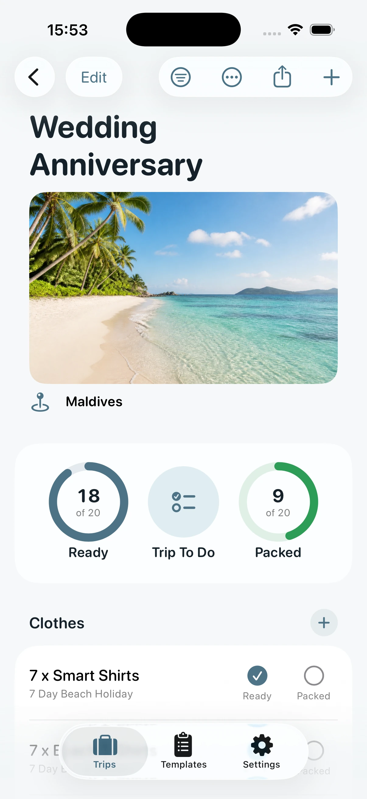 A Wedding Anniversary trip in Pack Me showing a Maldives location, Ready and Packed progress, Trip To Do and packing items.